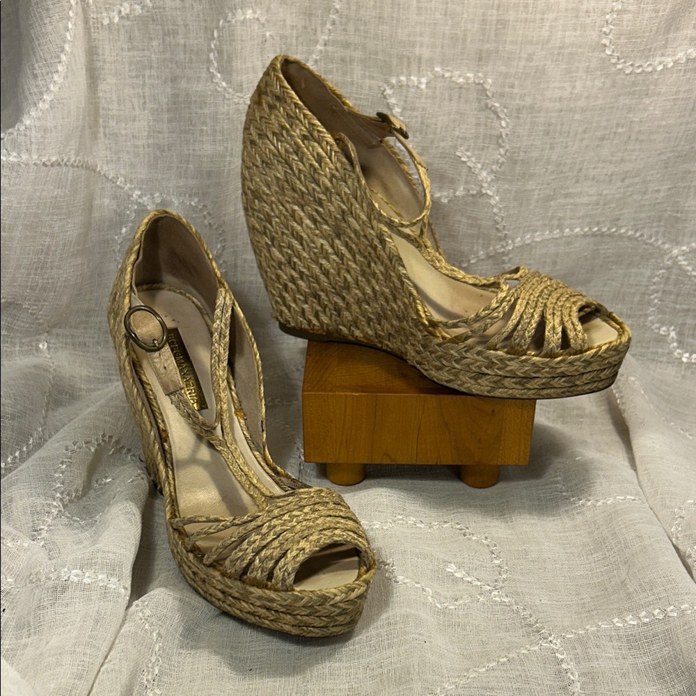 BCBG Max Azria rope wedge espadrilles peep toe